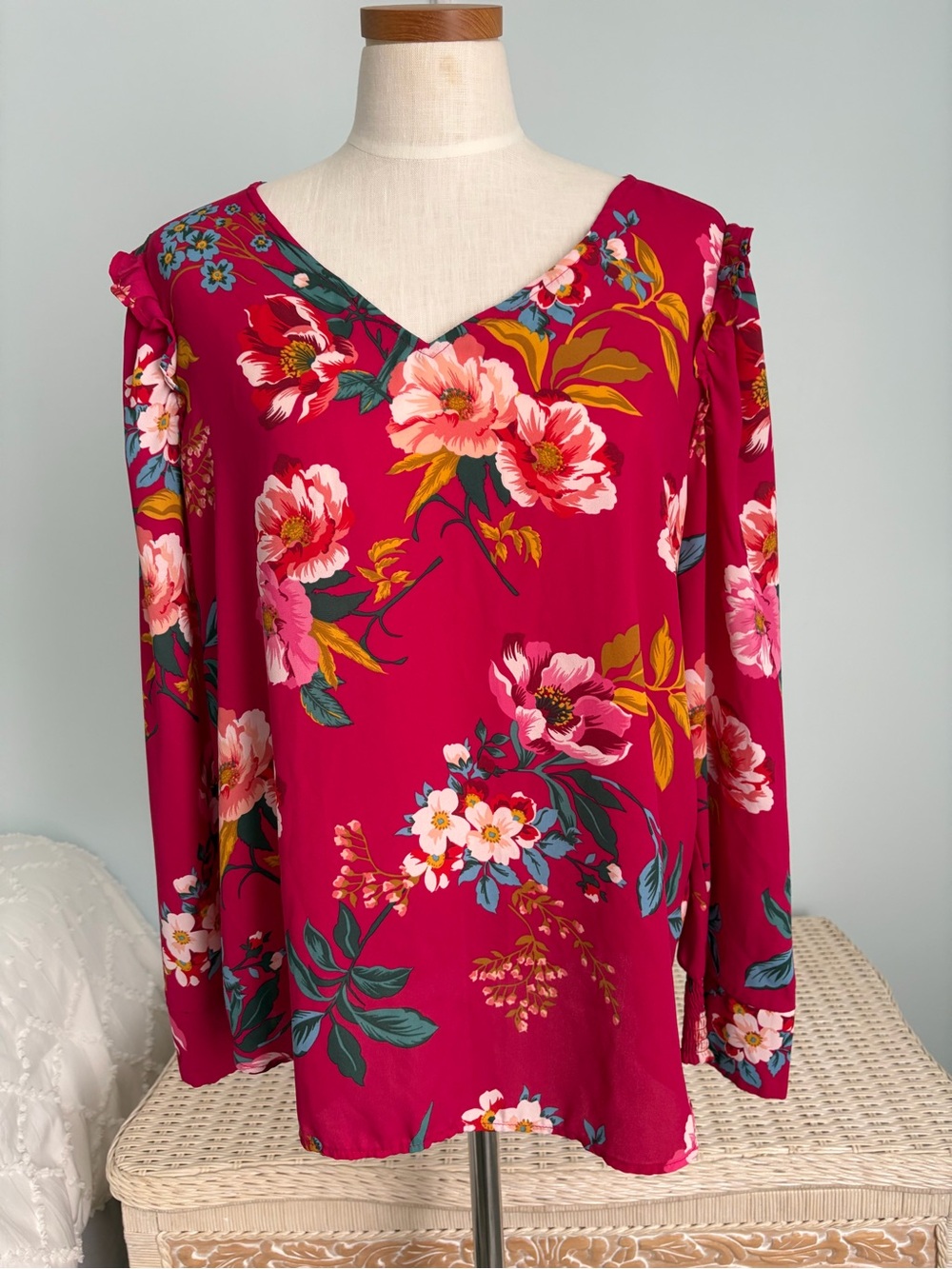 LOFT Fuchsia Floral V-Neck Long Sleeve Blouse